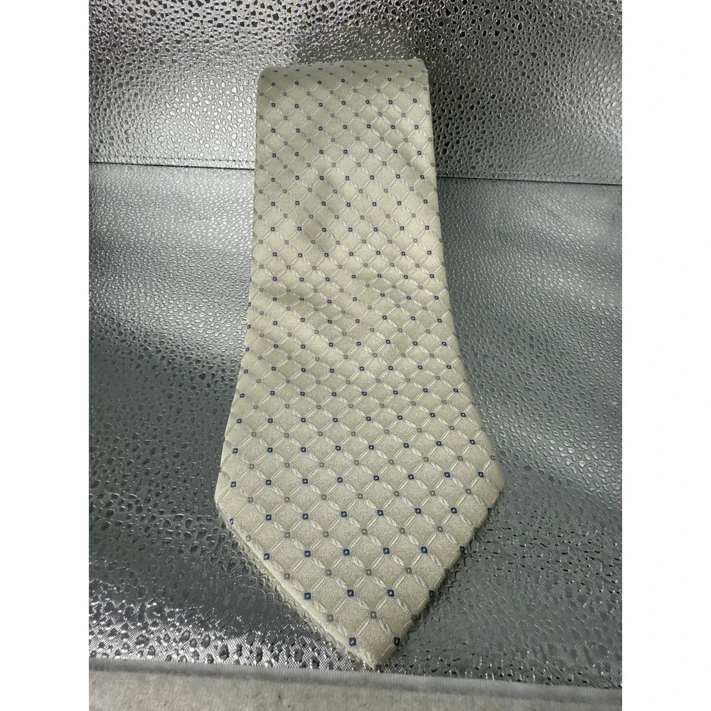 Pronto Uomo Silk Necktie Ivory Blue Geometric Pattern Business Formal‎